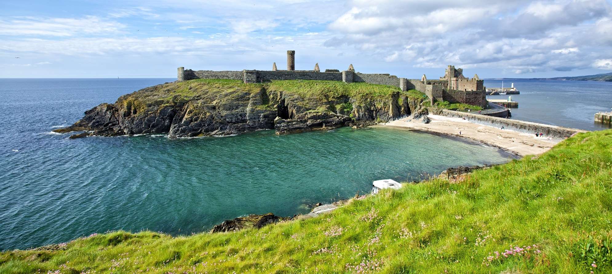 Peel Castle, connected to the town by causeway