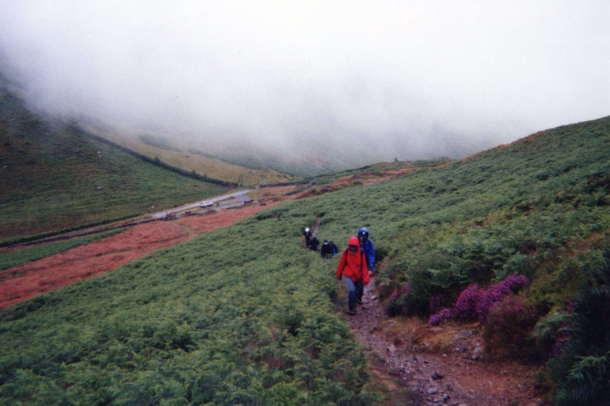 Misty day hiking up hillside