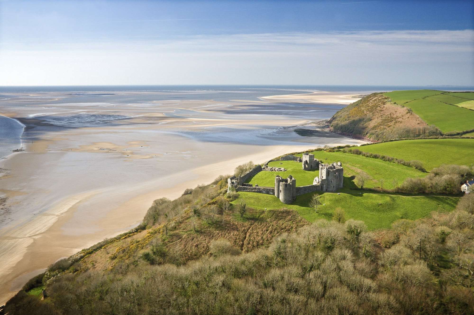 Ariel view of Llansteffan Castle, Carmarthenshire, Wales