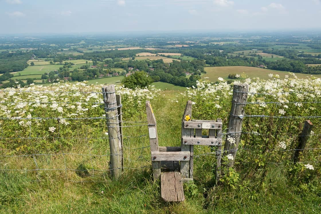 View of the open landscape and countryside during the day at Ditchling Beacon, South Downs.